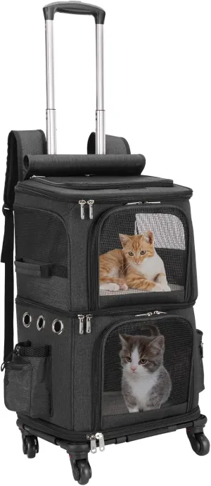 Double-Compartment Pet Carrier Backpack with Wheels for Small Cats and Dogs, Cat Rolling Carrier for 2 Cats, Perfect for Traveling/Taking a Walk/Trips to The Vet, Black