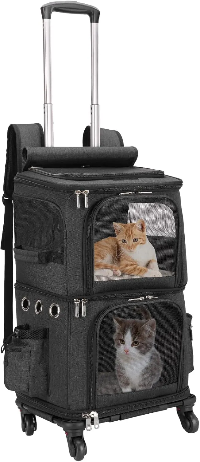Double-Compartment Pet Carrier Backpack with Wheels for Small Cats and Dogs, Cat Rolling Carrier for 2 Cats, Perfect for Traveling/Taking a Walk/Trips to The Vet, Black