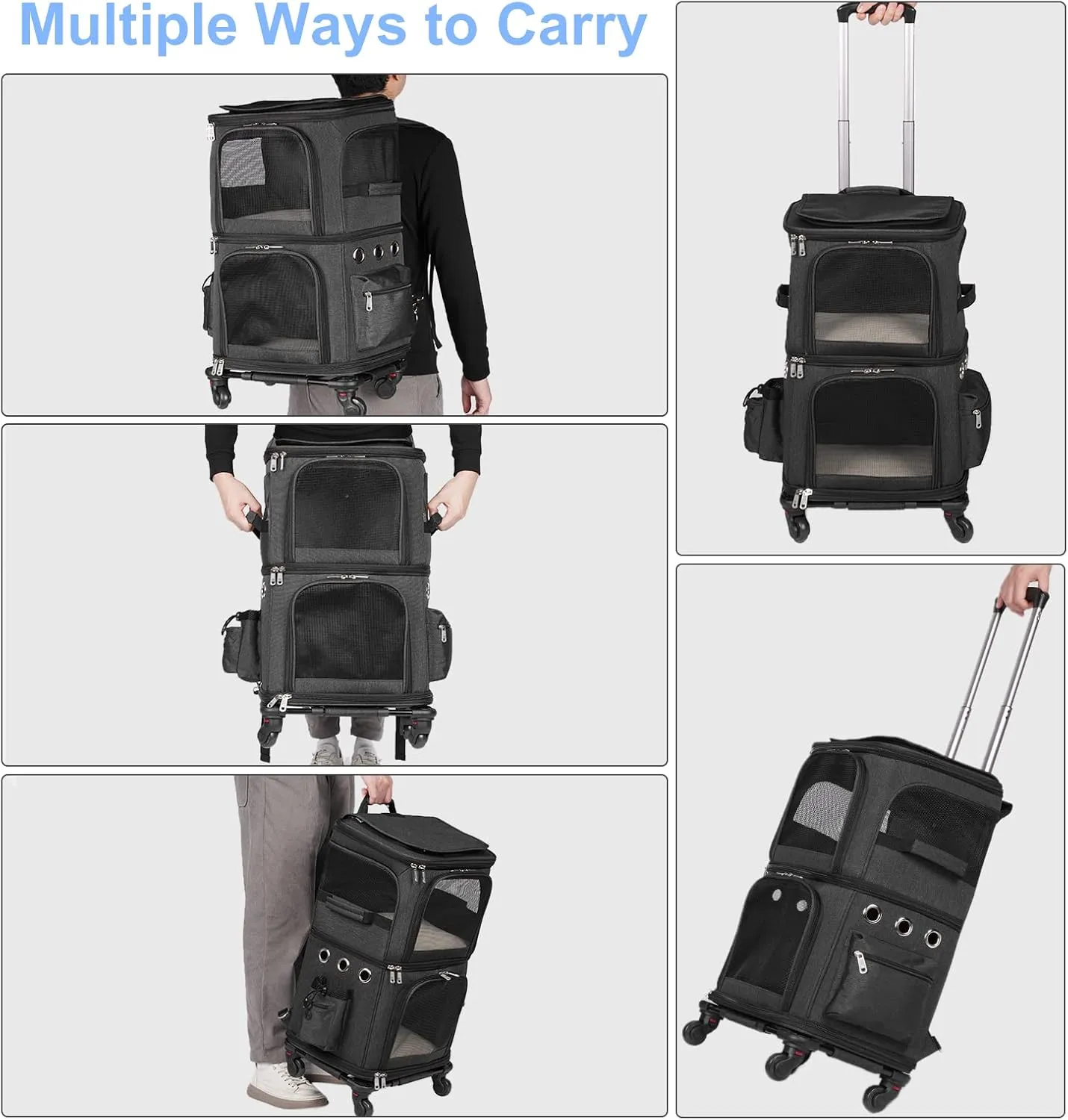 Double-Compartment Pet Carrier Backpack with Wheels for Small Cats and Dogs, Cat Rolling Carrier for 2 Cats, Perfect for Traveling/Taking a Walk/Trips to The Vet, Black