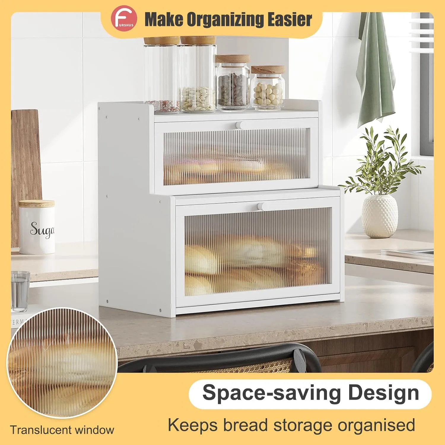 Double Layer Bamboo Bread Box for Kitchen Counter,Bread Holder,Countertop Bread Storage with Window (White)