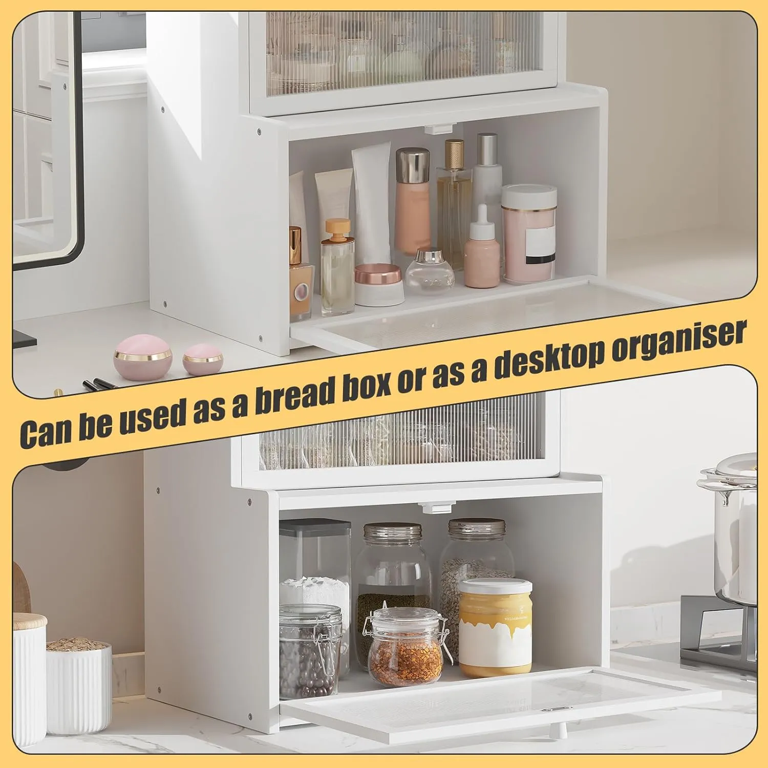 Double Layer Bamboo Bread Box for Kitchen Counter,Bread Holder,Countertop Bread Storage with Window (White)