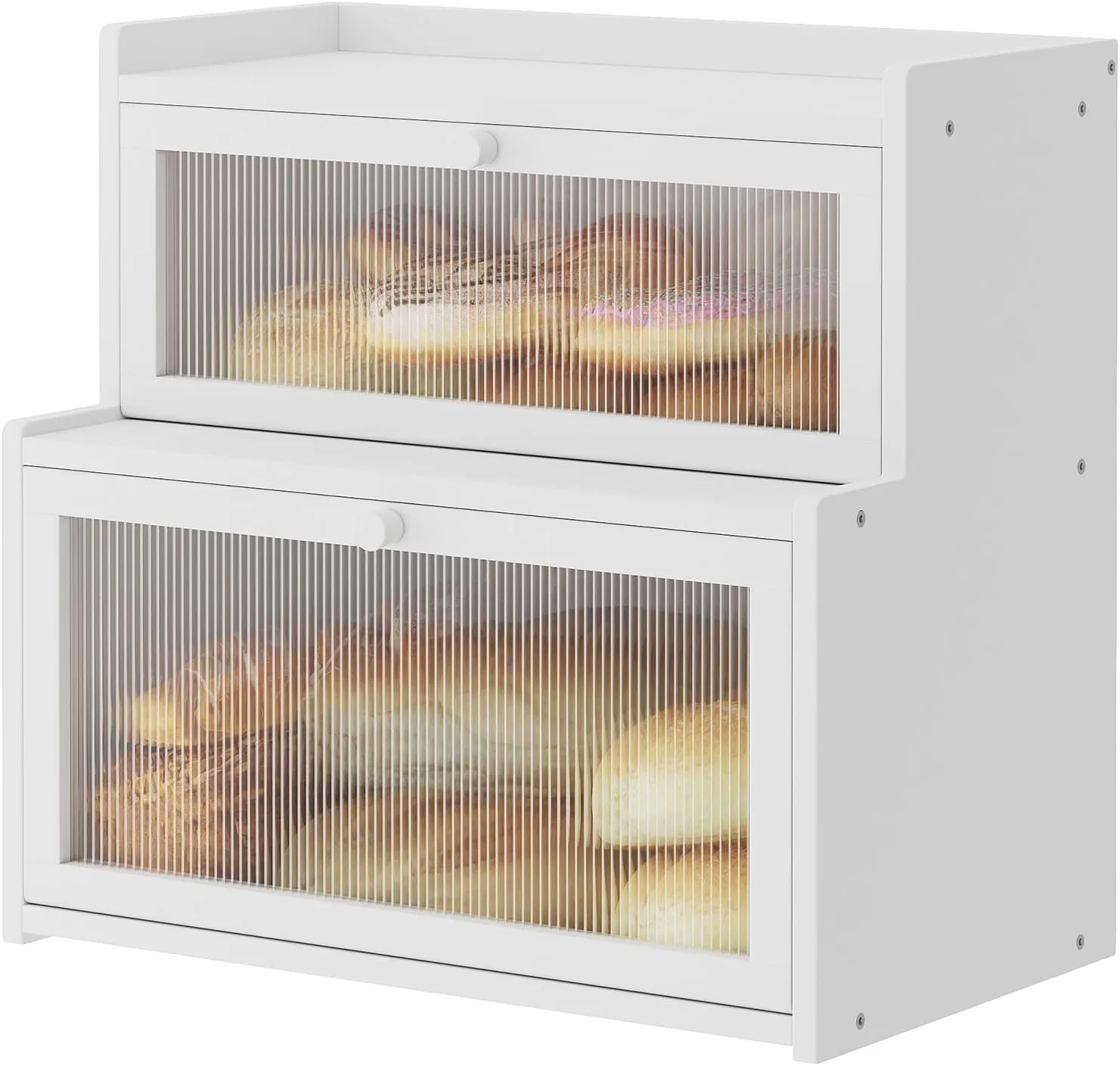 Double Layer Bamboo Bread Box for Kitchen Counter,Bread Holder,Countertop Bread Storage with Window (White)