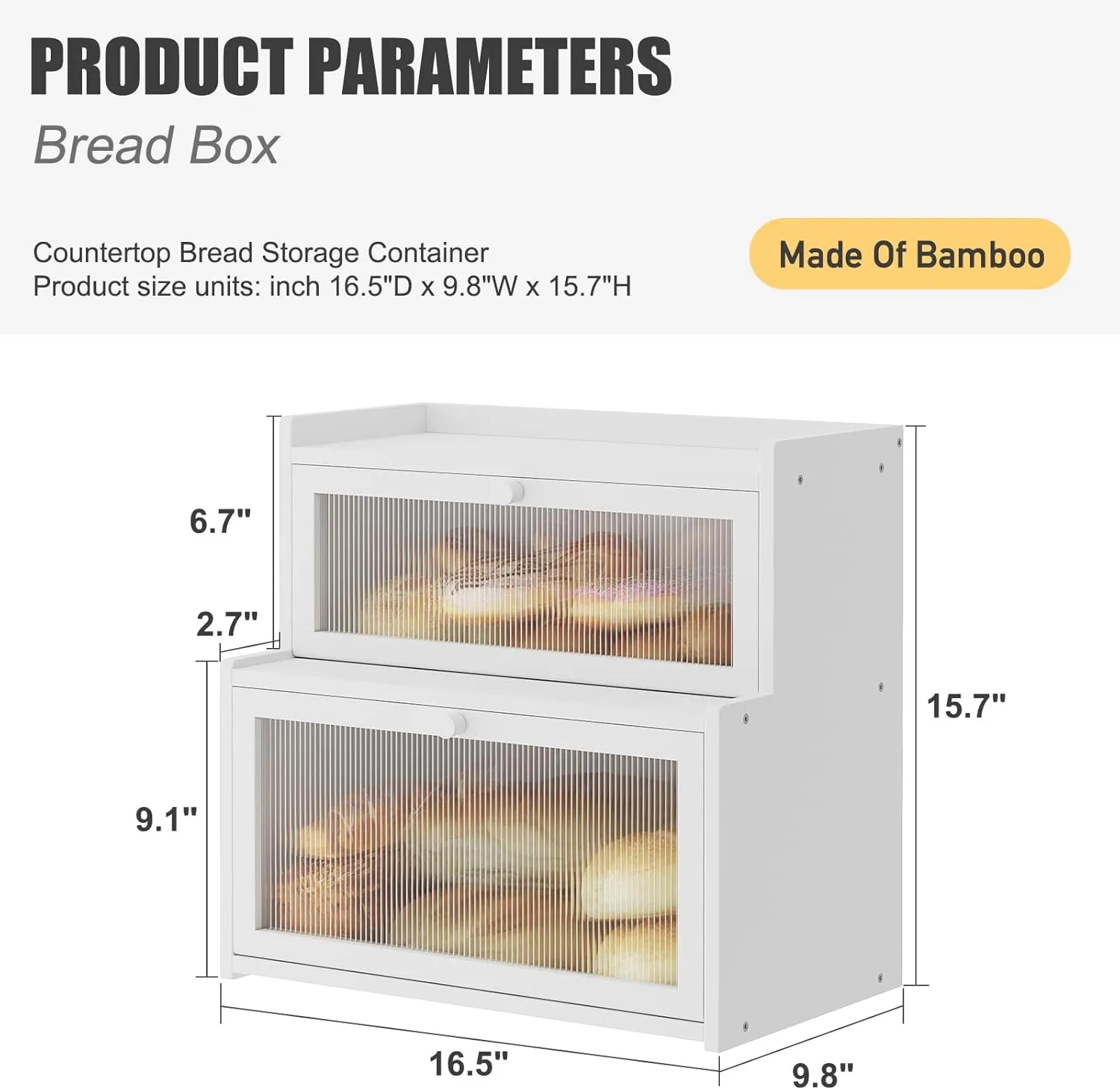 Double Layer Bamboo Bread Box for Kitchen Counter,Bread Holder,Countertop Bread Storage with Window (White)