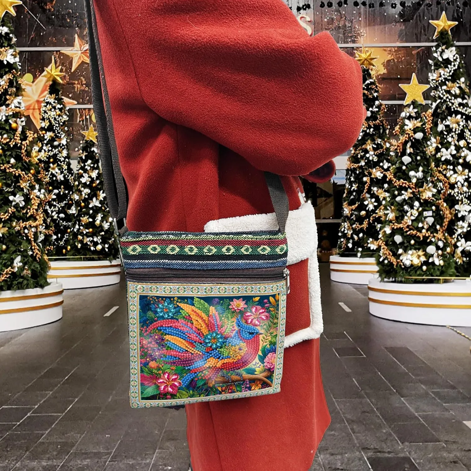 DoxQcs DIY Diamond Art Painting Crossbody Bag Canvas Ethnic Minority Style Unique Fashion Single Room Messenger Bag for Women-Colorful Bird