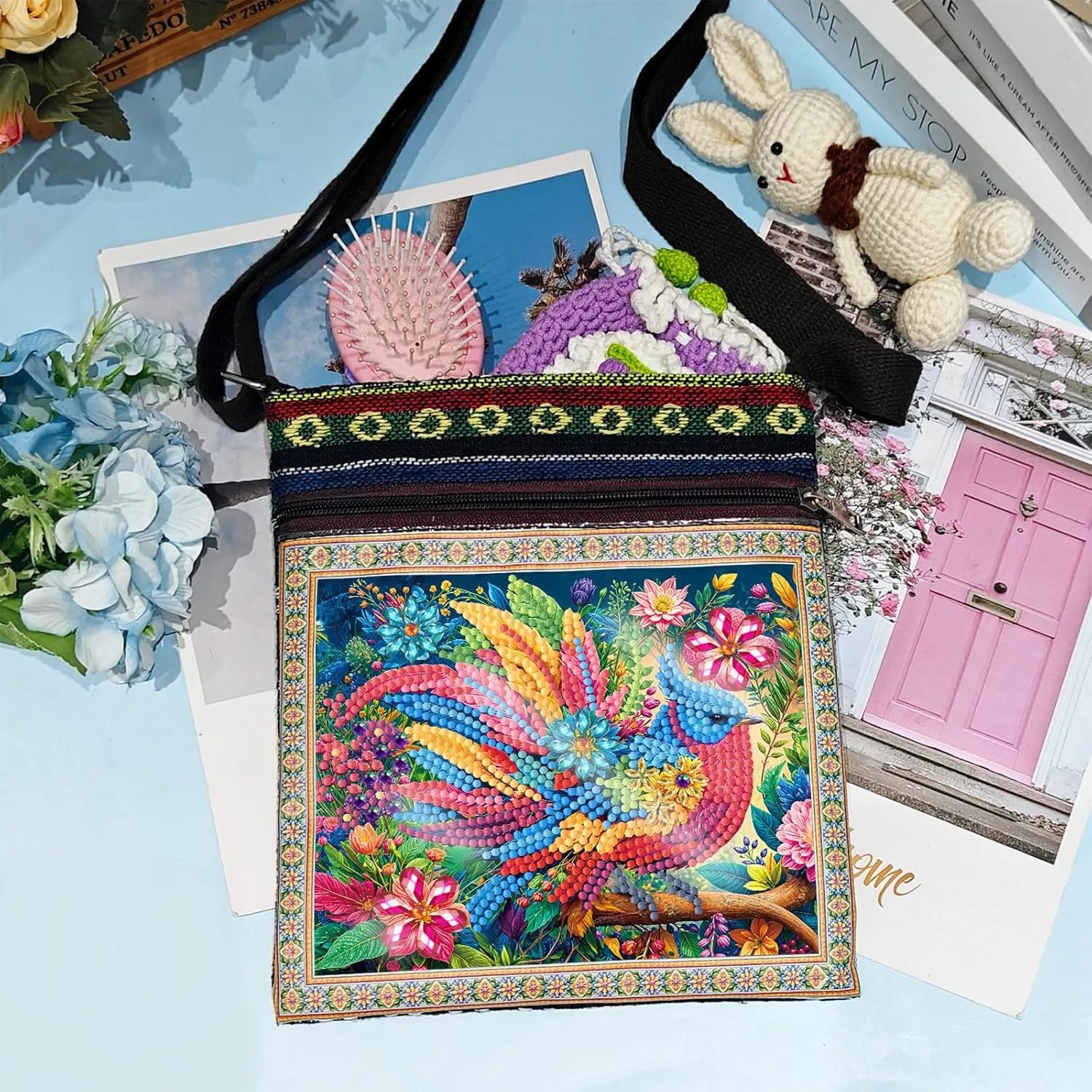 DoxQcs DIY Diamond Art Painting Crossbody Bag Canvas Ethnic Minority Style Unique Fashion Single Room Messenger Bag for Women-Colorful Bird