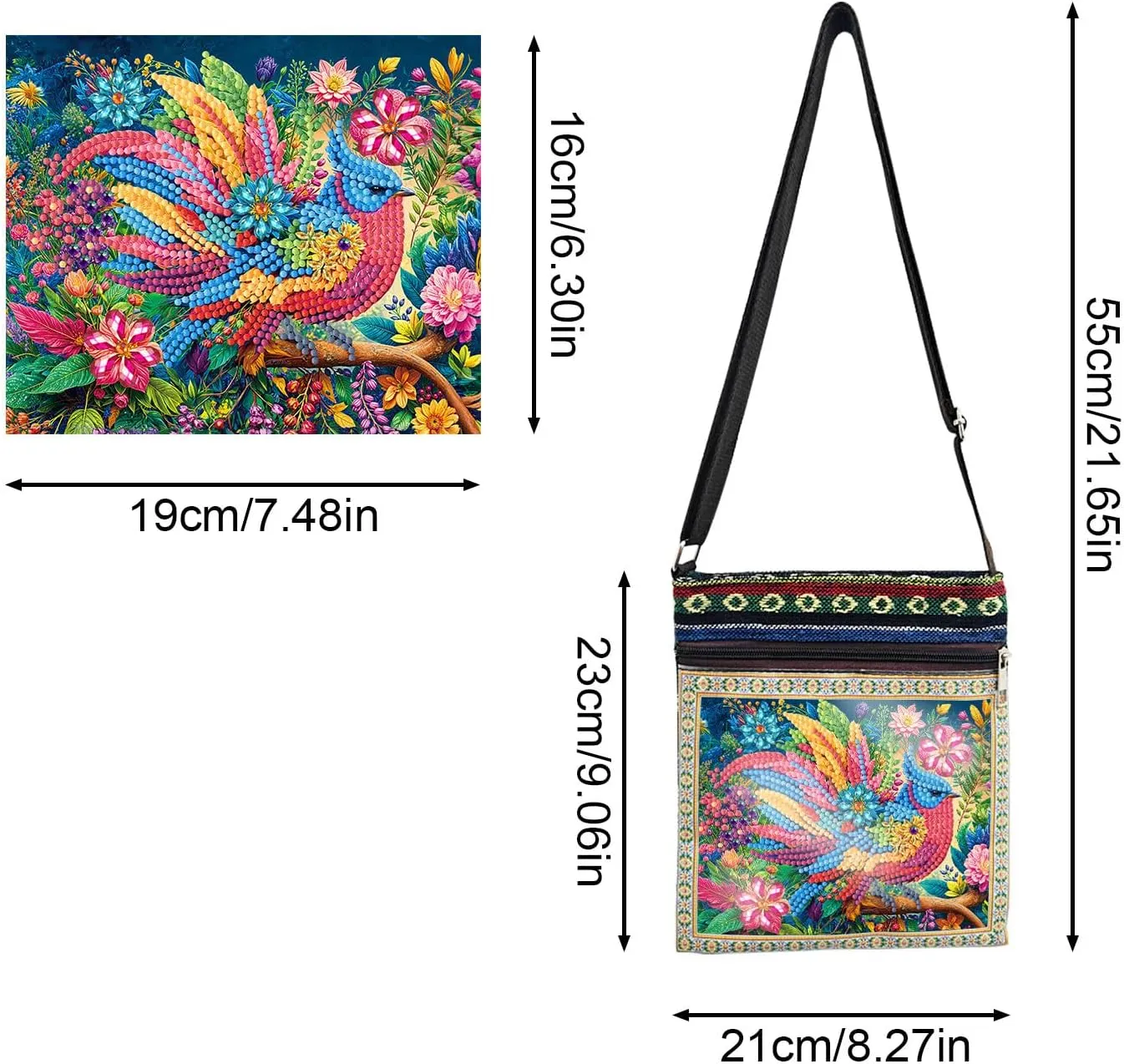 DoxQcs DIY Diamond Art Painting Crossbody Bag Canvas Ethnic Minority Style Unique Fashion Single Room Messenger Bag for Women-Colorful Bird