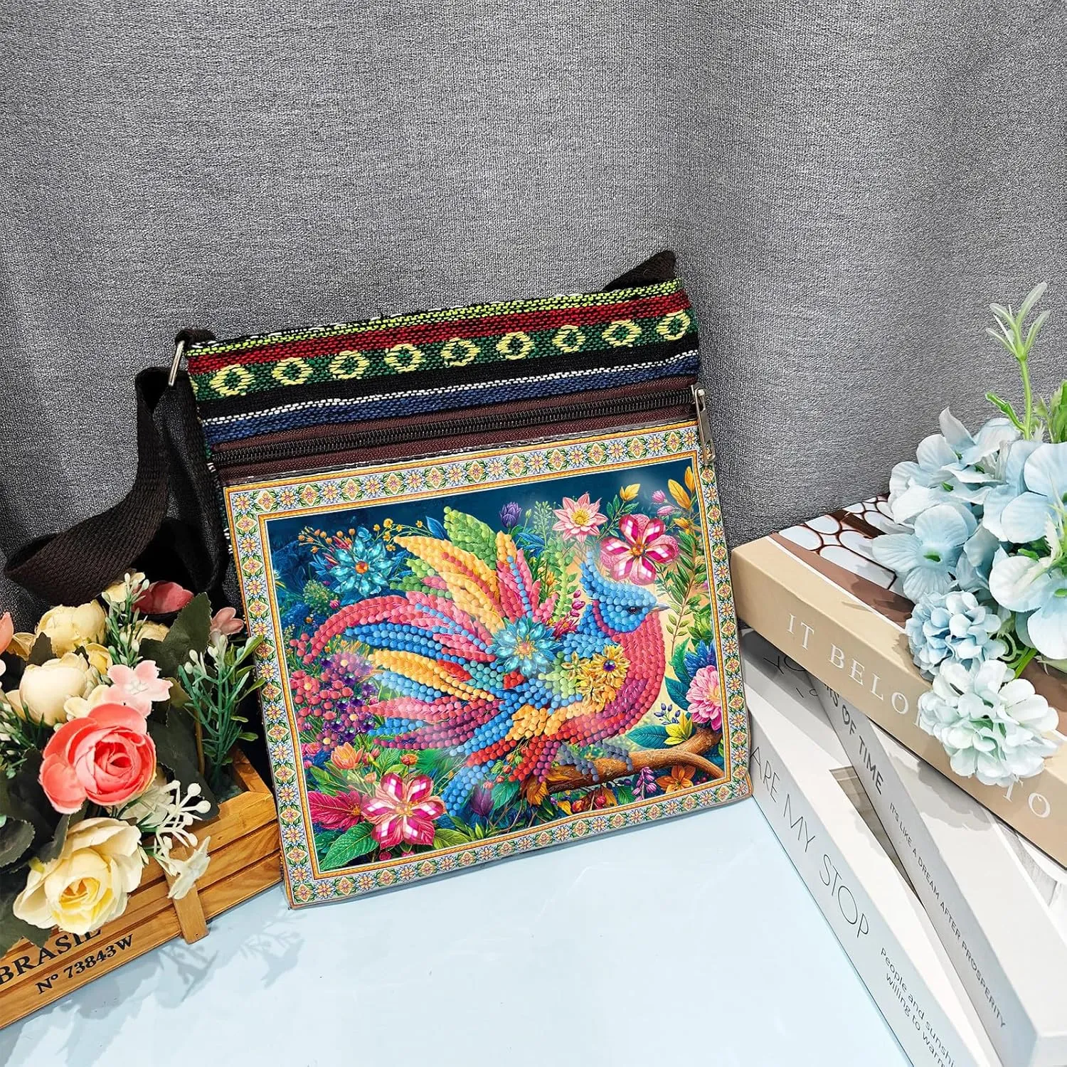 DoxQcs DIY Diamond Art Painting Crossbody Bag Canvas Ethnic Minority Style Unique Fashion Single Room Messenger Bag for Women-Colorful Bird
