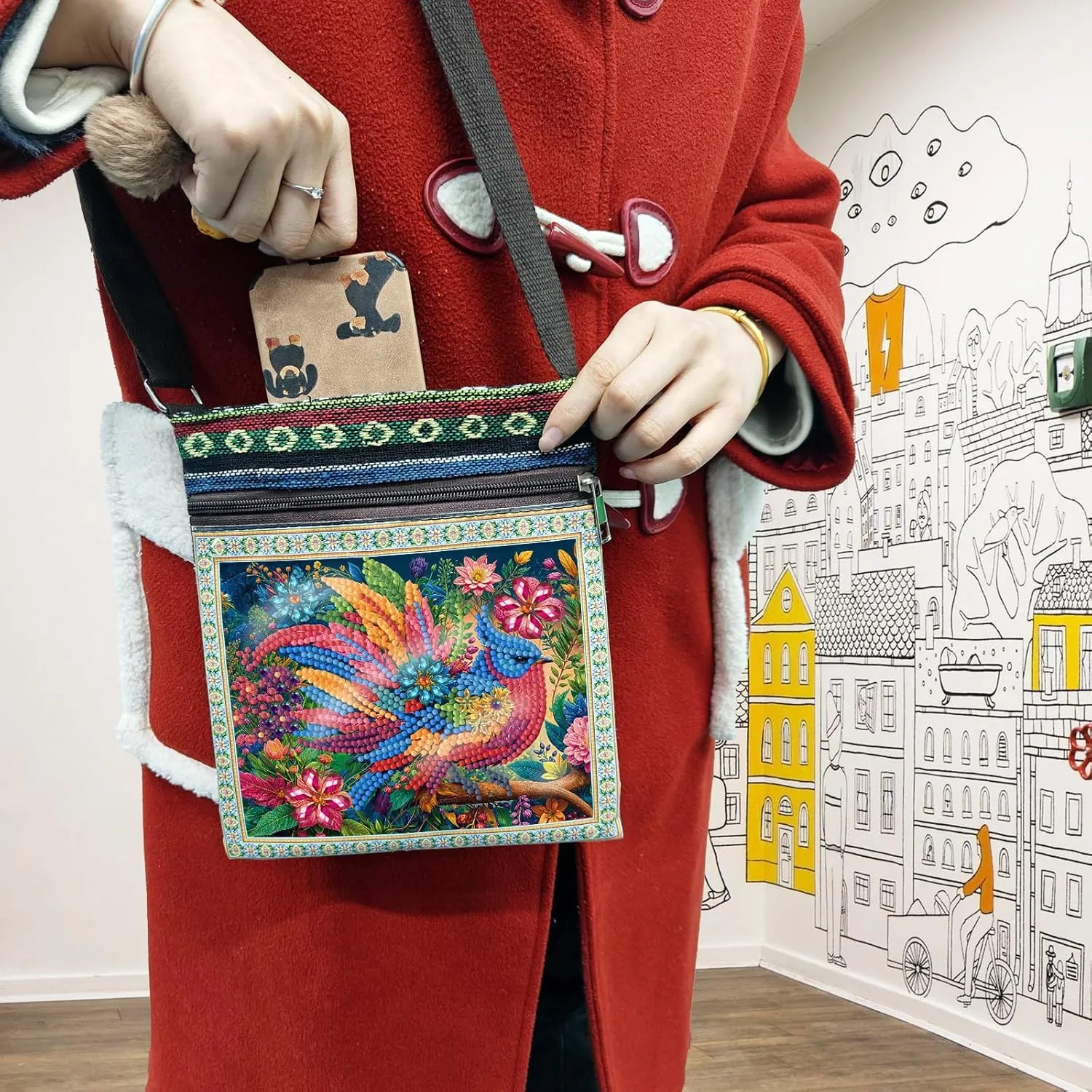 DoxQcs DIY Diamond Art Painting Crossbody Bag Canvas Ethnic Minority Style Unique Fashion Single Room Messenger Bag for Women-Colorful Bird