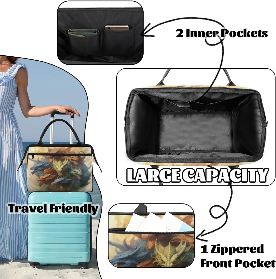 Dragon Painting Travel Duffle Bag, Waterproof Duffel Bag Weekender Overnight Carry On Bag Lightweight Sport Gym Bag for Men Women