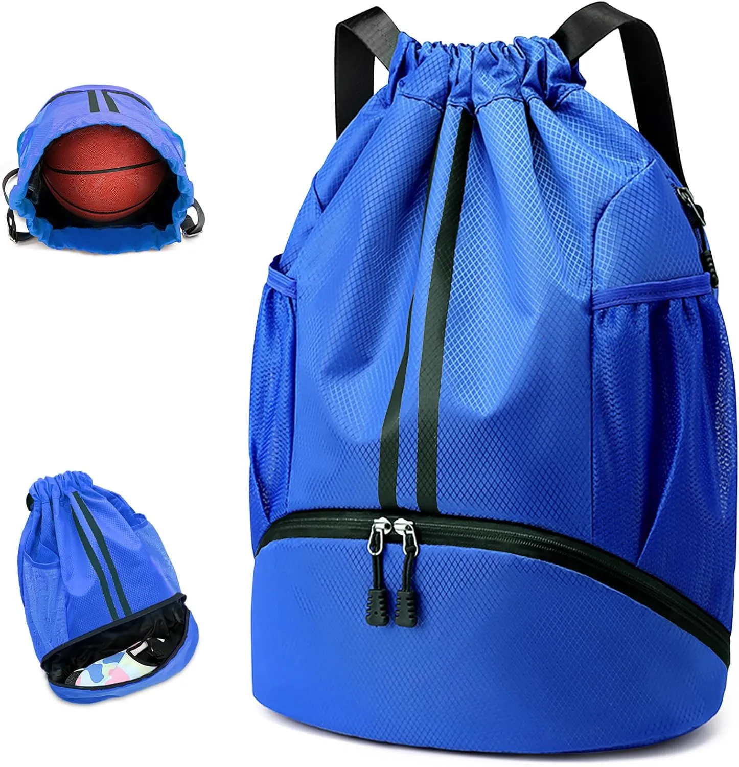 Drawstring Backpack Gymbag Water Resistant Sports Sackpack with Zipper/Shoe Compartment/Wet Pocket/Mesh Pockets Gym Bag for Men Large Capacity String Bag for Travel Soccer Swim Hiking, Blue