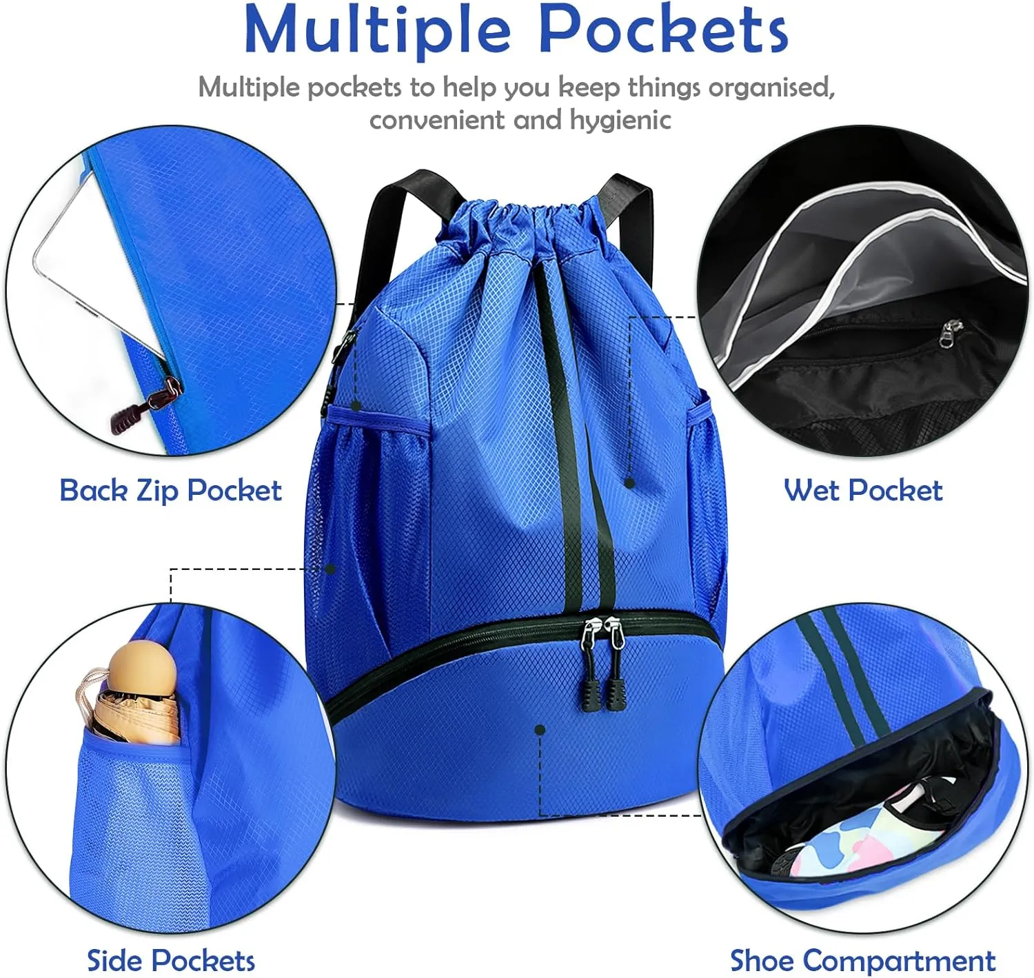 Drawstring Backpack Gymbag Water Resistant Sports Sackpack with Zipper/Shoe Compartment/Wet Pocket/Mesh Pockets Gym Bag for Men Large Capacity String Bag for Travel Soccer Swim Hiking, Blue