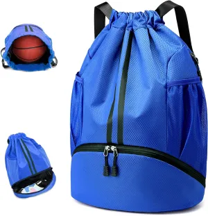 Drawstring Backpack Gymbag Water Resistant Sports Sackpack with Zipper/Shoe Compartment/Wet Pocket/Mesh Pockets Gym Bag for Men Large Capacity String Bag for Travel Soccer Swim Hiking, Blue