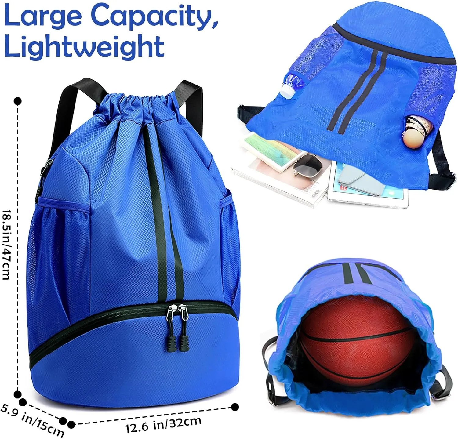 Drawstring Backpack Gymbag Water Resistant Sports Sackpack with Zipper/Shoe Compartment/Wet Pocket/Mesh Pockets Gym Bag for Men Large Capacity String Bag for Travel Soccer Swim Hiking, Blue