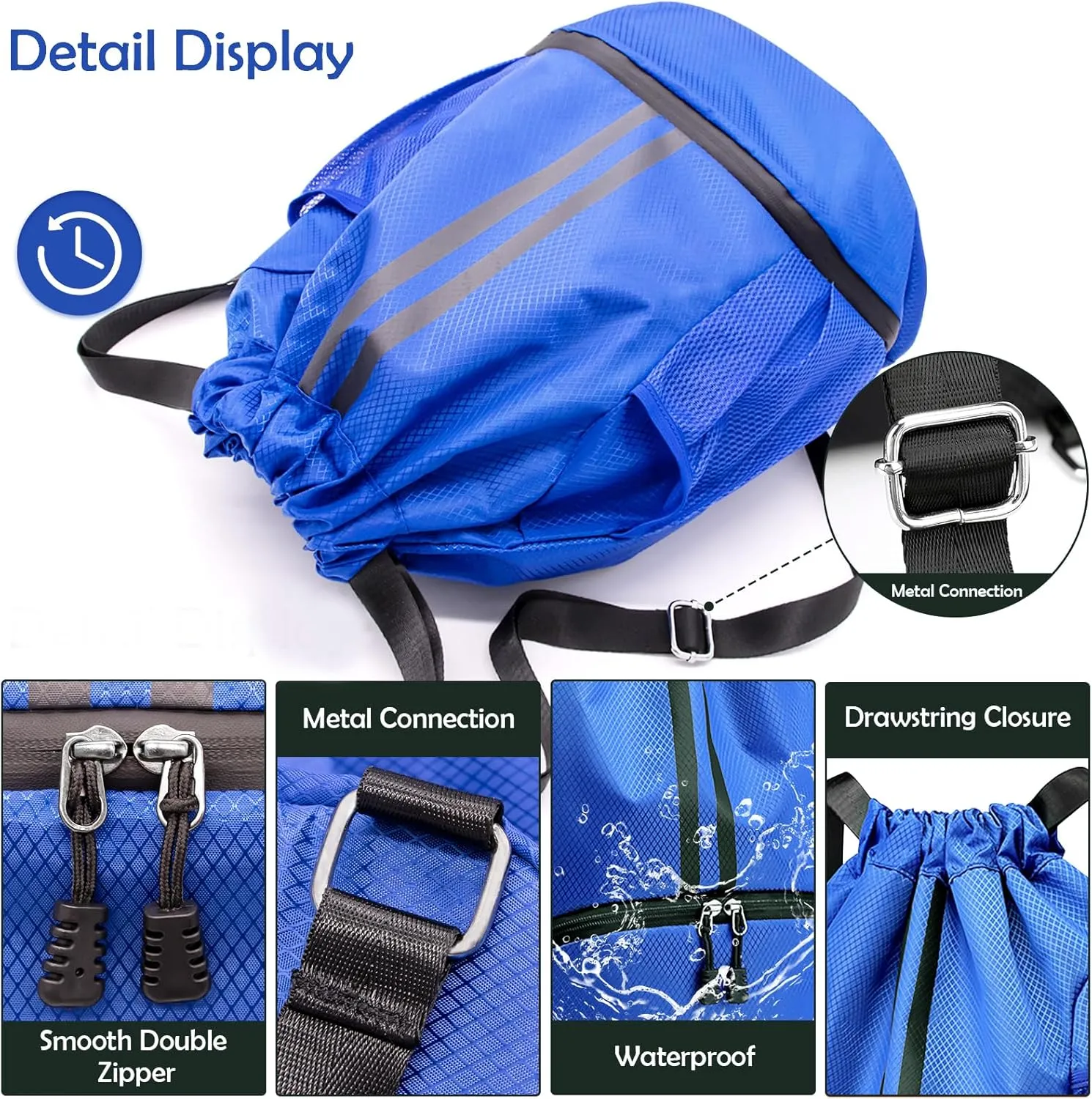 Drawstring Backpack Gymbag Water Resistant Sports Sackpack with Zipper/Shoe Compartment/Wet Pocket/Mesh Pockets Gym Bag for Men Large Capacity String Bag for Travel Soccer Swim Hiking, Blue