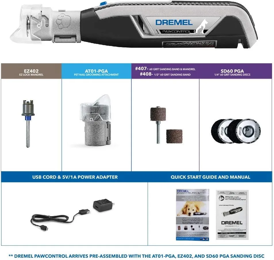 Dremel PawControl Dog Nail Grinder and Trimmer- Pet Grooming Tool Kit & Rechargeable Claw Grooming Kit for Dogs, Cats, and Small Animals & Lock Pet Nail Grooming Sanding Discs