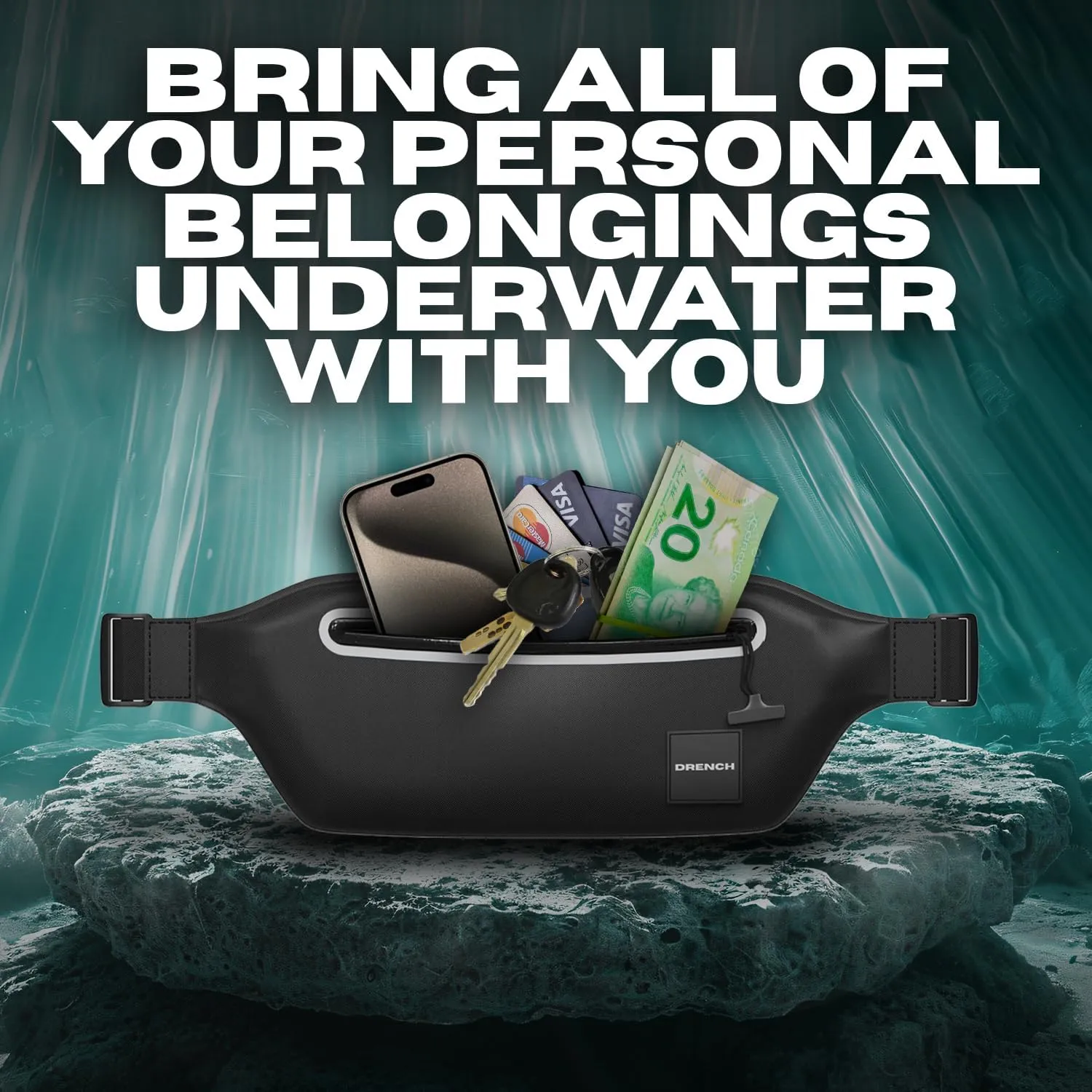 Drench 100% Underwater Waterproof Fanny Pack. Waist Pack. Submersible Waterproof Phone Pouch. Dry Bag for Swimming & Snorkelling. Underwater Phone case.