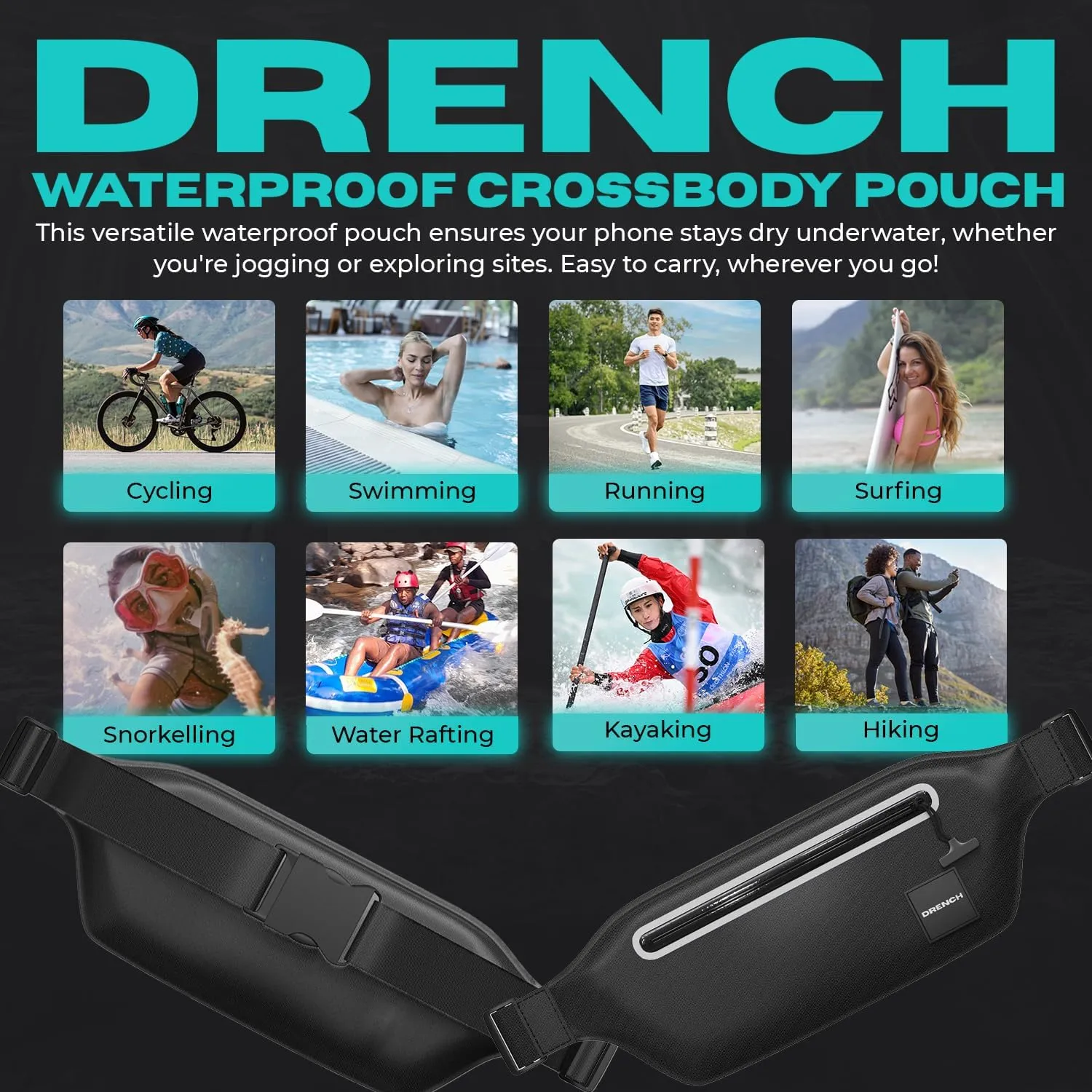 Drench 100% Underwater Waterproof Fanny Pack. Waist Pack. Submersible Waterproof Phone Pouch. Dry Bag for Swimming & Snorkelling. Underwater Phone case.