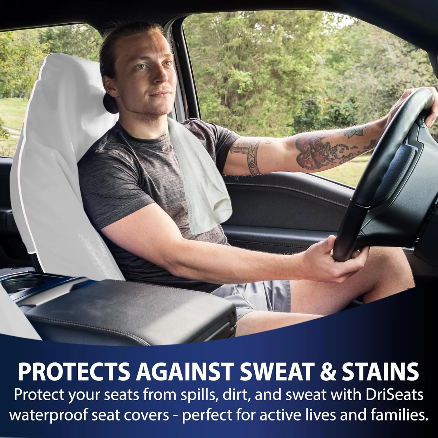 Dri Seats Waterproof Car Seat Cover – Premium Sweat Towel with Slip Resistant Backing for Front Seats in Car, Truck, SUV – Universal Seat Liner, Easy Install, Machine Washable, Breathable – Light Gray