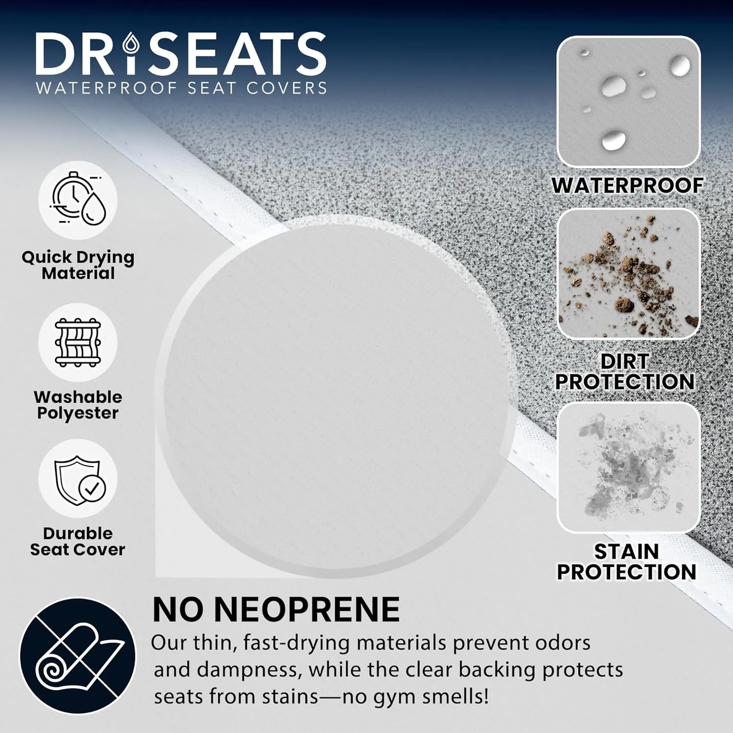 Dri Seats Waterproof Car Seat Cover – Premium Sweat Towel with Slip Resistant Backing for Front Seats in Car, Truck, SUV – Universal Seat Liner, Easy Install, Machine Washable, Breathable – Light Gray