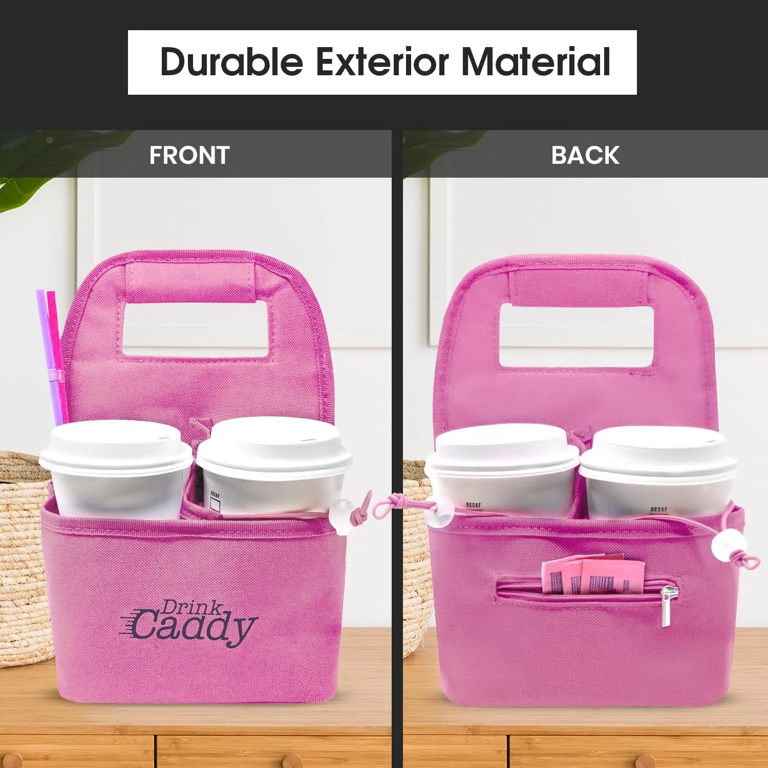 Drink Caddy Portable Drink Carrier and Reusable Coffee Cup Holder - 4 Cup Collapsible Tote Bag with Organizer Pockets Safely Secures Hot and Cold Beverages (Pink)