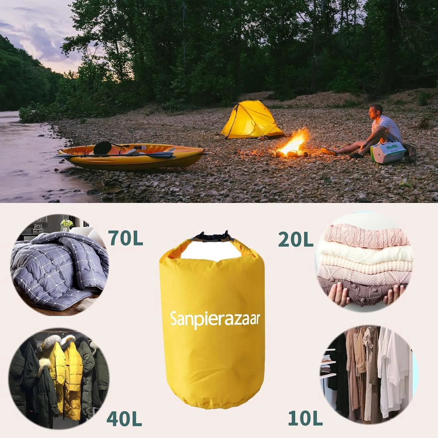 Dry Bags Waterproof, Ultralight Dry Sack, 10L/20L/40L/70L Waterproof Bags,Roll Top Sack for Kayaking, Beach, Rafting, Boating, Hiking, Camping,Swimming (Yellow, 70L)