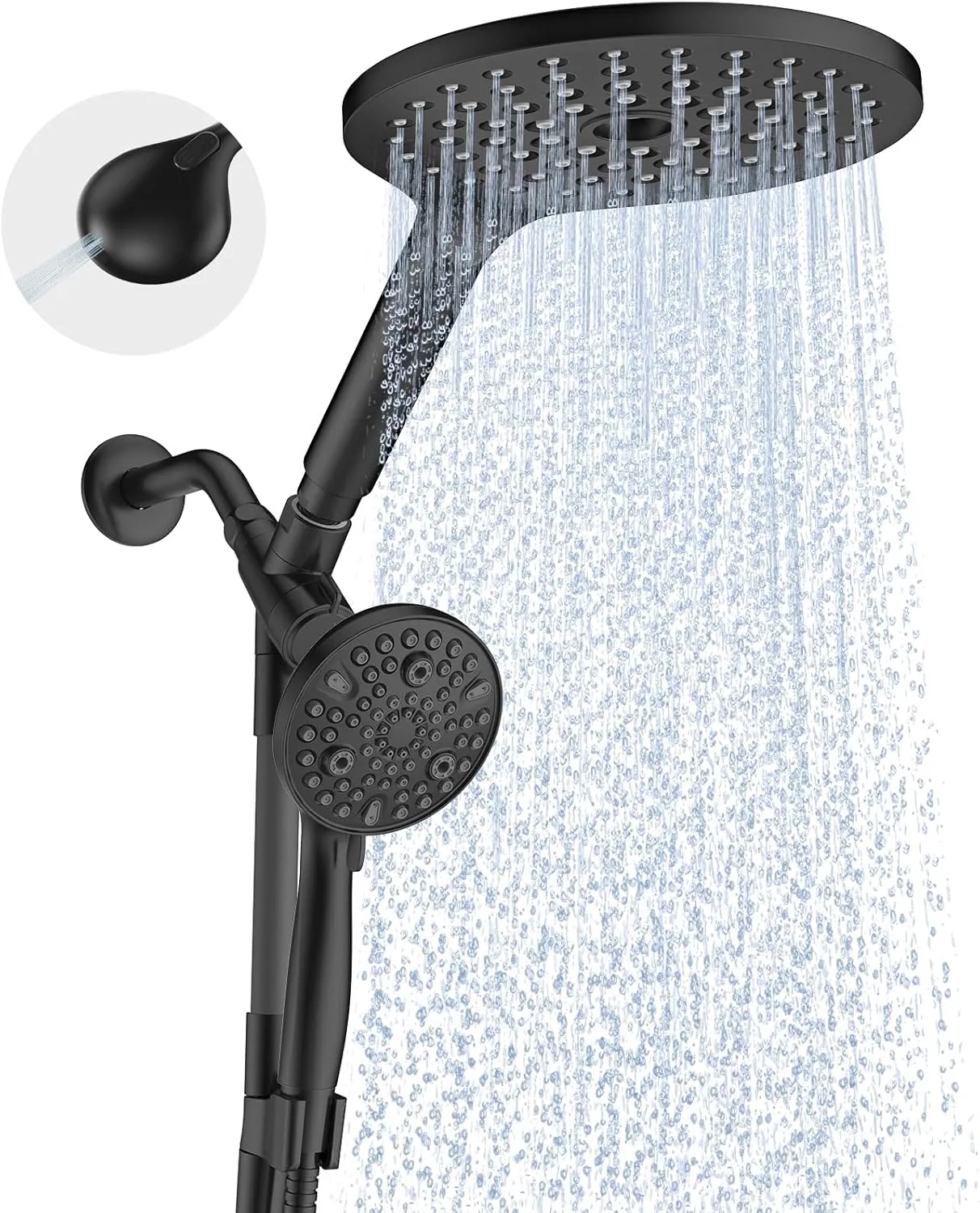 Dual Handheld Shower Head Combo, 2-in-1 Rain Shower Heads System 8 Inch Rainfall Shower Head and 10 Modes High Pressure Hand Held Showerhead with Built-in Power Wash