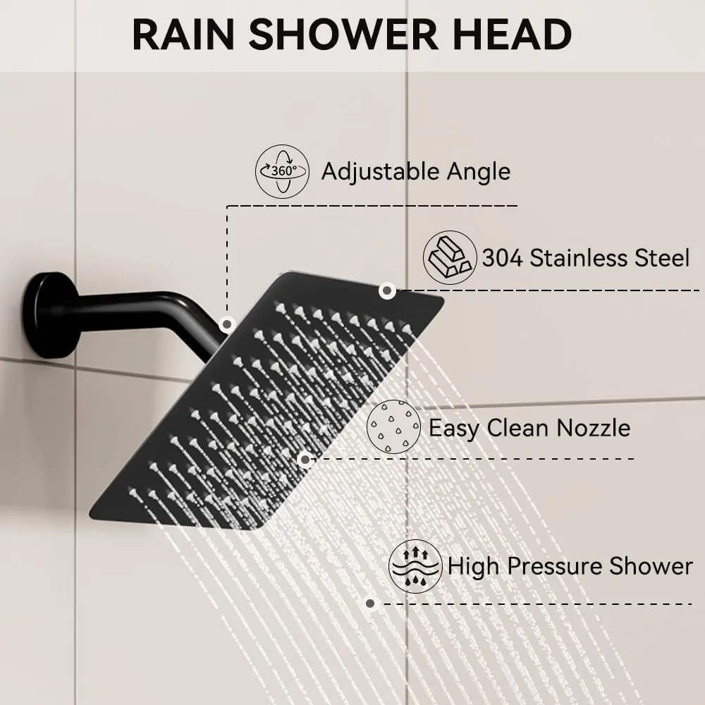 Dual Rainfall Shower System with Handheld, Thermostatic Push Button Diverter Shower Faucet with 2 in 1 Handheld, Ceiling Mount 10 Inch Shower Head with 6 Inch Wall Mount Shower Head,Matte Black