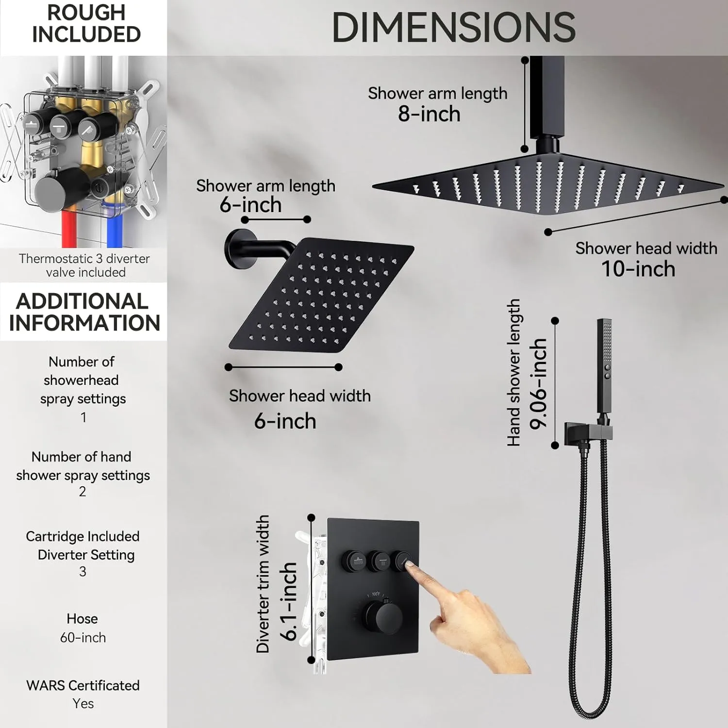 Dual Rainfall Shower System with Handheld, Thermostatic Push Button Diverter Shower Faucet with 2 in 1 Handheld, Ceiling Mount 10 Inch Shower Head with 6 Inch Wall Mount Shower Head,Matte Black