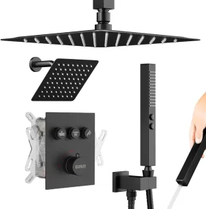 Dual Rainfall Shower System with Handheld, Thermostatic Push Button Diverter Shower Faucet with 2 in 1 Handheld, Ceiling Mount 10 Inch Shower Head with 6 Inch Wall Mount Shower Head,Matte Black