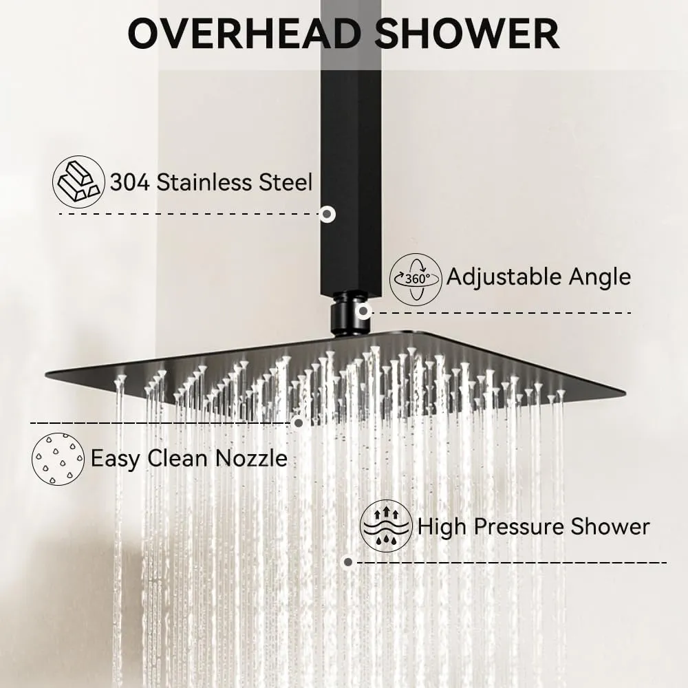 Dual Rainfall Shower System with Handheld, Thermostatic Push Button Diverter Shower Faucet with 2 in 1 Handheld, Ceiling Mount 10 Inch Shower Head with 6 Inch Wall Mount Shower Head,Matte Black