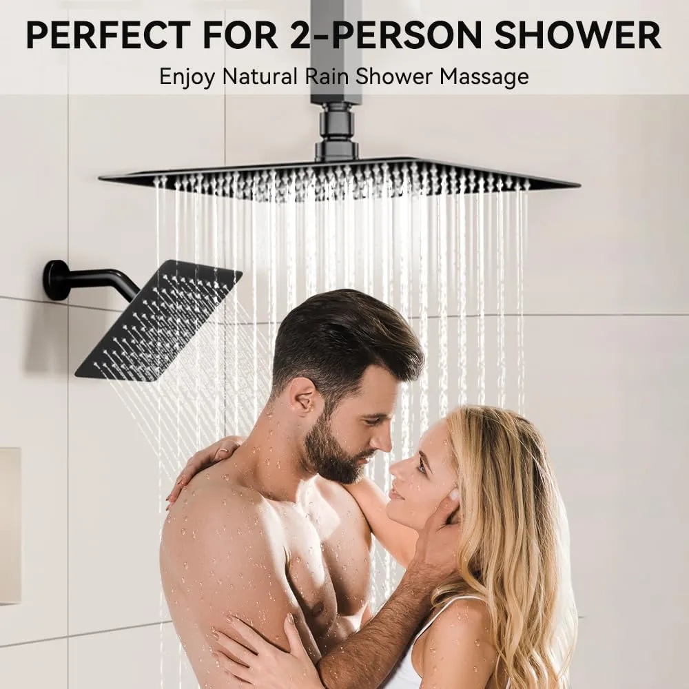 Dual Rainfall Shower System with Handheld, Thermostatic Push Button Diverter Shower Faucet with 2 in 1 Handheld, Ceiling Mount 10 Inch Shower Head with 6 Inch Wall Mount Shower Head,Matte Black