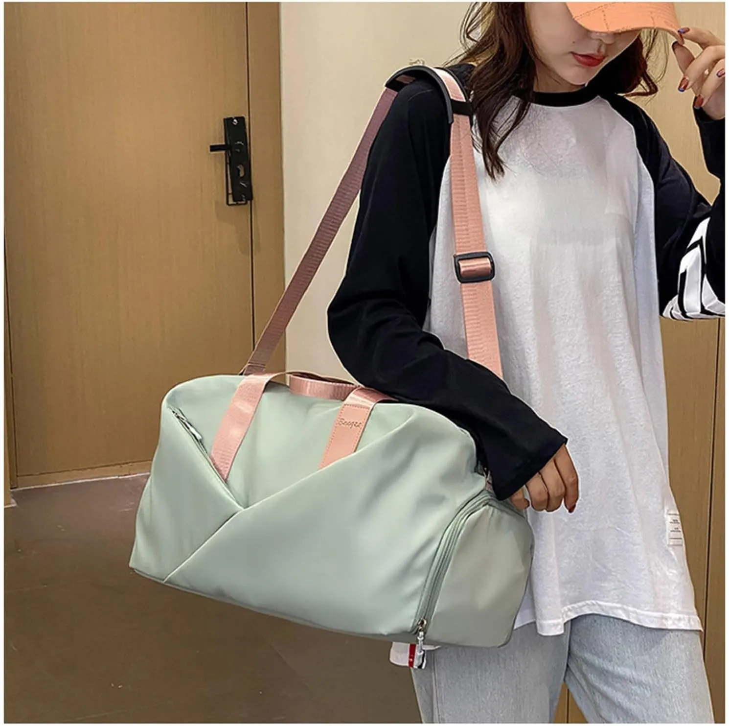 Duffle Bag, Gym Bag for Women, Separate Shoes Compartment Yoga Bag, Wet and Dry Separation Beach Bag (Green and Pink, Large)