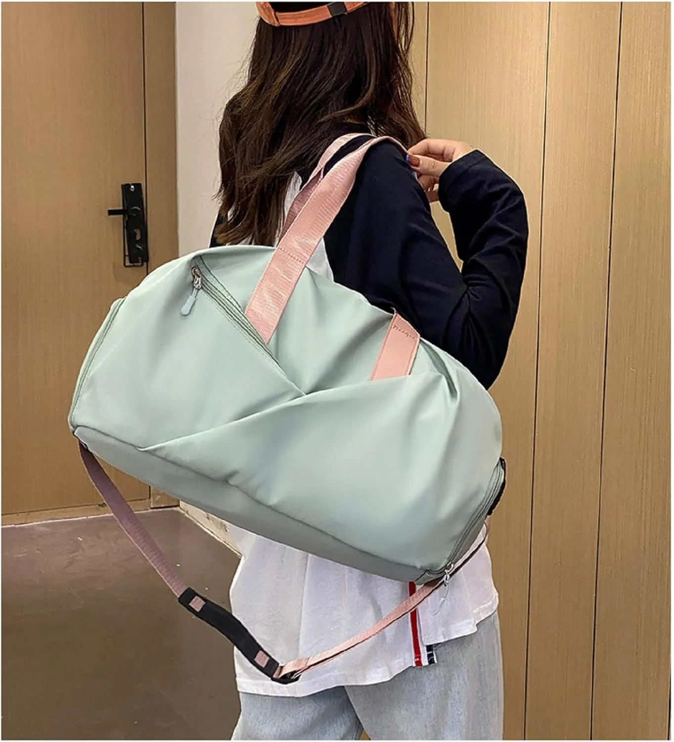 Duffle Bag, Gym Bag for Women, Separate Shoes Compartment Yoga Bag, Wet and Dry Separation Beach Bag (Green and Pink, Large)