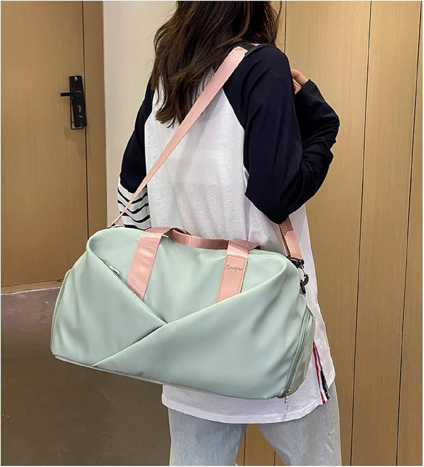 Duffle Bag, Gym Bag for Women, Separate Shoes Compartment Yoga Bag, Wet and Dry Separation Beach Bag (Green and Pink, Large)