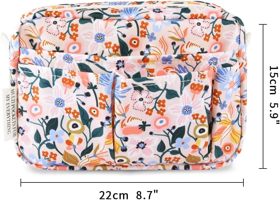 E-WEICHEN Multiple Pockets Portfolio Organizer with Zippered, Makeup Bag Travel Essentials for Women, Simple Waterproof Stationery Pencil Pouch Bag for Journal Office Art Supplies.Pink Flower