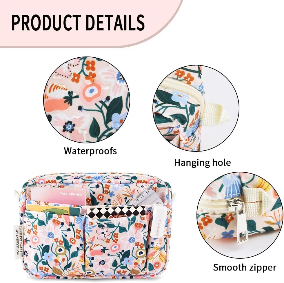E-WEICHEN Multiple Pockets Portfolio Organizer with Zippered, Makeup Bag Travel Essentials for Women, Simple Waterproof Stationery Pencil Pouch Bag for Journal Office Art Supplies.Pink Flower