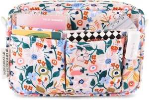 E-WEICHEN Multiple Pockets Portfolio Organizer with Zippered, Makeup Bag Travel Essentials for Women, Simple Waterproof Stationery Pencil Pouch Bag for Journal Office Art Supplies.Pink Flower
