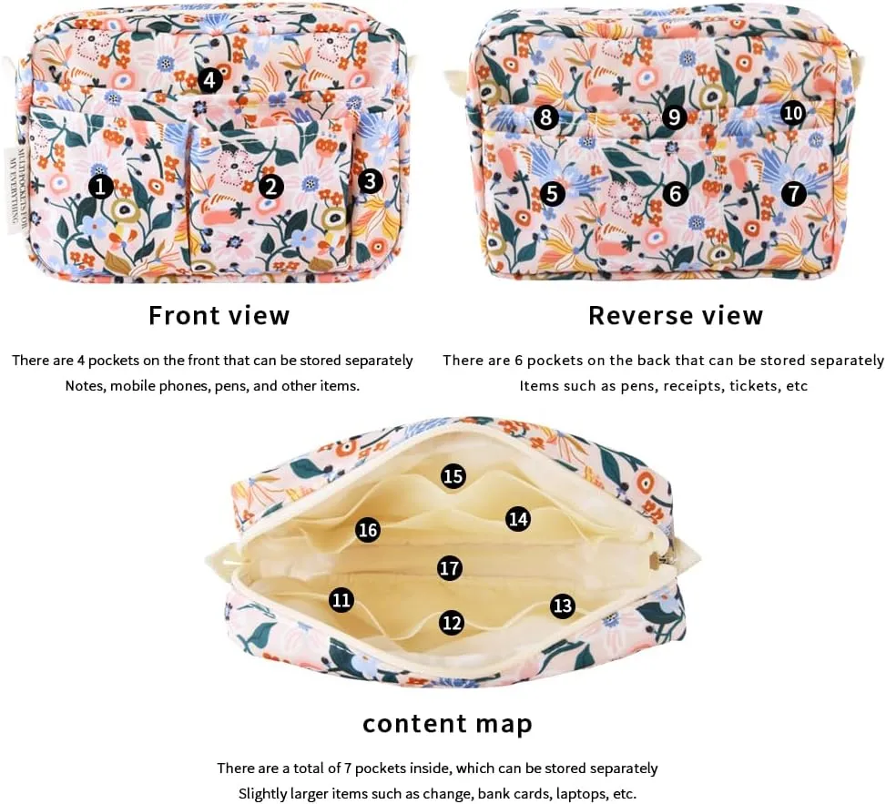 E-WEICHEN Multiple Pockets Portfolio Organizer with Zippered, Makeup Bag Travel Essentials for Women, Simple Waterproof Stationery Pencil Pouch Bag for Journal Office Art Supplies.Pink Flower