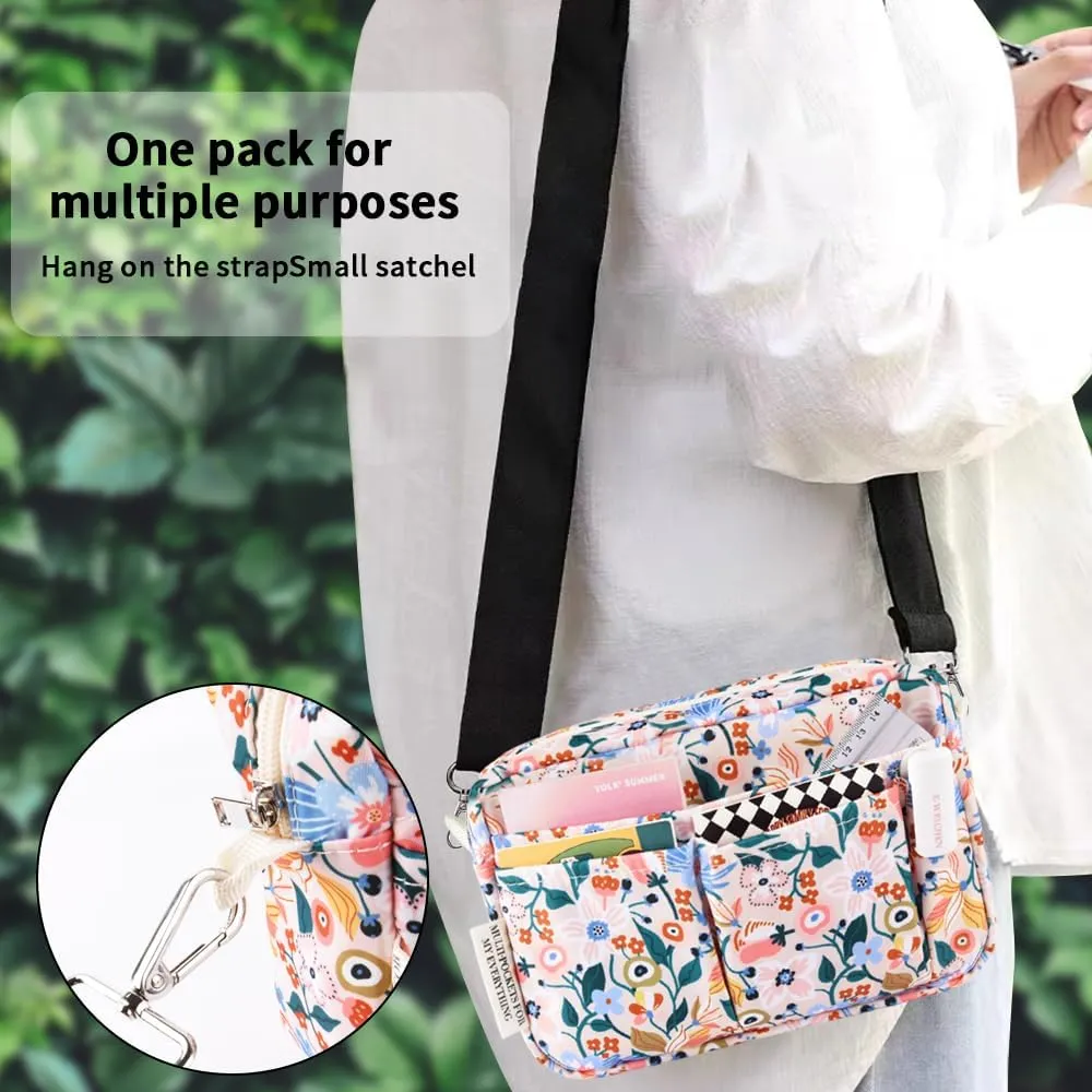 E-WEICHEN Multiple Pockets Portfolio Organizer with Zippered, Makeup Bag Travel Essentials for Women, Simple Waterproof Stationery Pencil Pouch Bag for Journal Office Art Supplies.Pink Flower