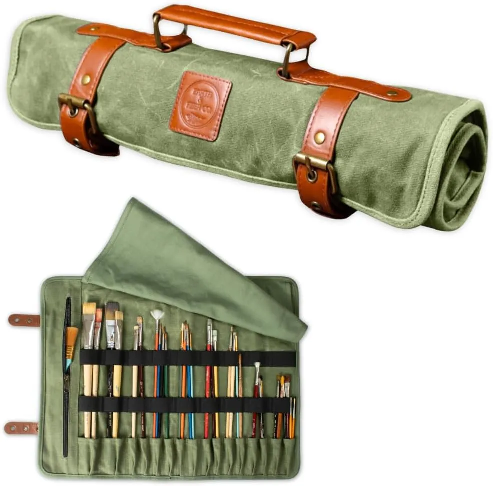 Earth & Fiber Co. Waxed Canvas & Leather Paint Brush Holder - Art Bag for Painting, Drawing & Art Supplies - 16 Pocket Rectangular Green Vintage/Rustic Classic Paint Brush Case
