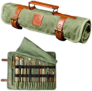 Earth & Fiber Co. Waxed Canvas & Leather Paint Brush Holder - Art Bag for Painting, Drawing & Art Supplies - 16 Pocket Rectangular Green Vintage/Rustic Classic Paint Brush Case