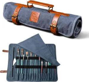 Earth & Fiber Co. Waxed Canvas & Leather Paint Brush Holder - Art Bag for Painting, Drawing & Art Supplies - 16 Pocket Rectangular Green Vintage/Rustic Classic Paint Brush Case