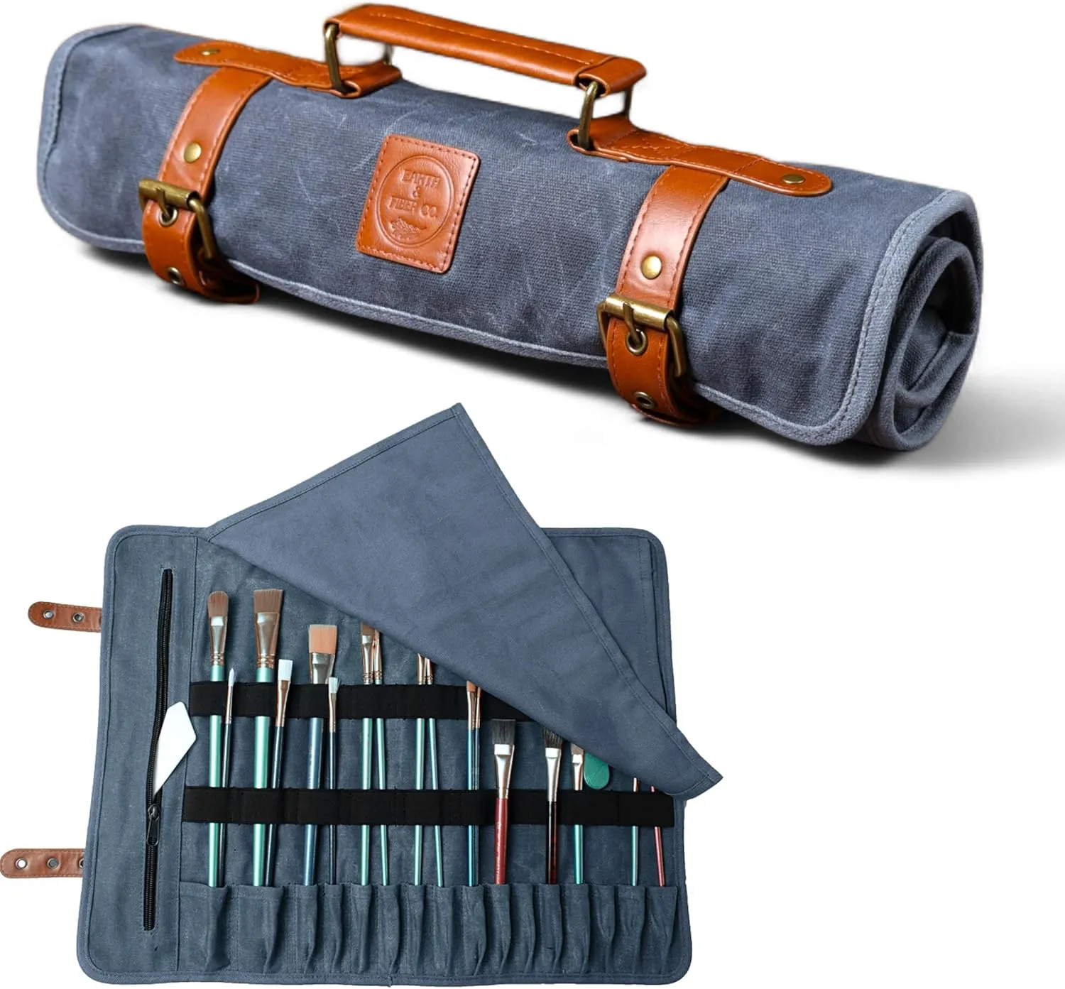 Earth & Fiber Co. Waxed Canvas & Leather Paint Brush Holder - Art Bag for Painting, Drawing & Art Supplies - 16 Pocket Rectangular Green Vintage/Rustic Classic Paint Brush Case