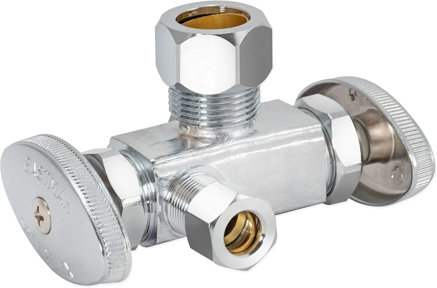 Eastman 3/8 x 3/8 x 5/8 Inch OD Compression (1/2 Inch Nom.) Dual Outlet/Dual Handle Stop Valve, Brass Plumbing Fitting, Chrome, 04352LF