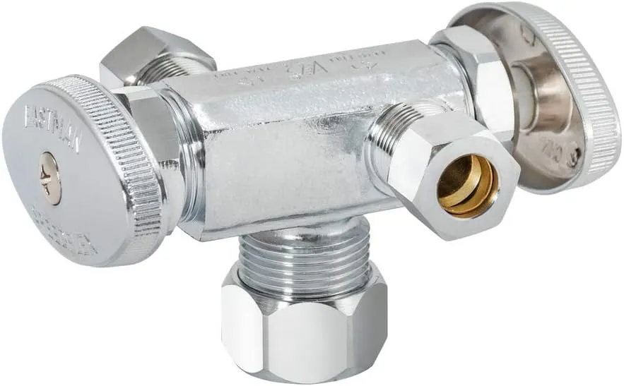 Eastman 3/8 x 3/8 x 5/8 Inch OD Compression (1/2 Inch Nom.) Dual Outlet/Dual Handle Stop Valve, Brass Plumbing Fitting, Chrome, 04352LF