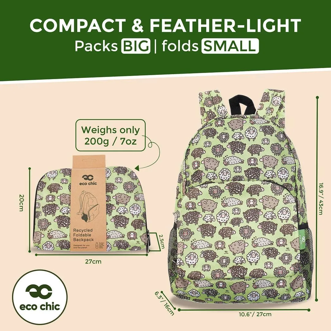 ECO CHIC Hiking Lightweight Packable Backpack - Foldable Daypack for Travel & Hiking & Outdoor Adventures - Waterproof Backpack from Recycled Materials (Cute Sheep Green)