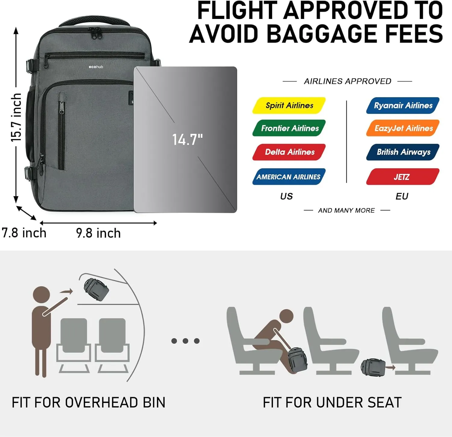 ECOHUB 16'' Travel Backpack For Women Men Airline Approved Personal Item Travel Bag Travel Essentials Laptop Backpack Casual Daypack Small Hiking Backpack Lightweight Waterproof Backpack, Grey