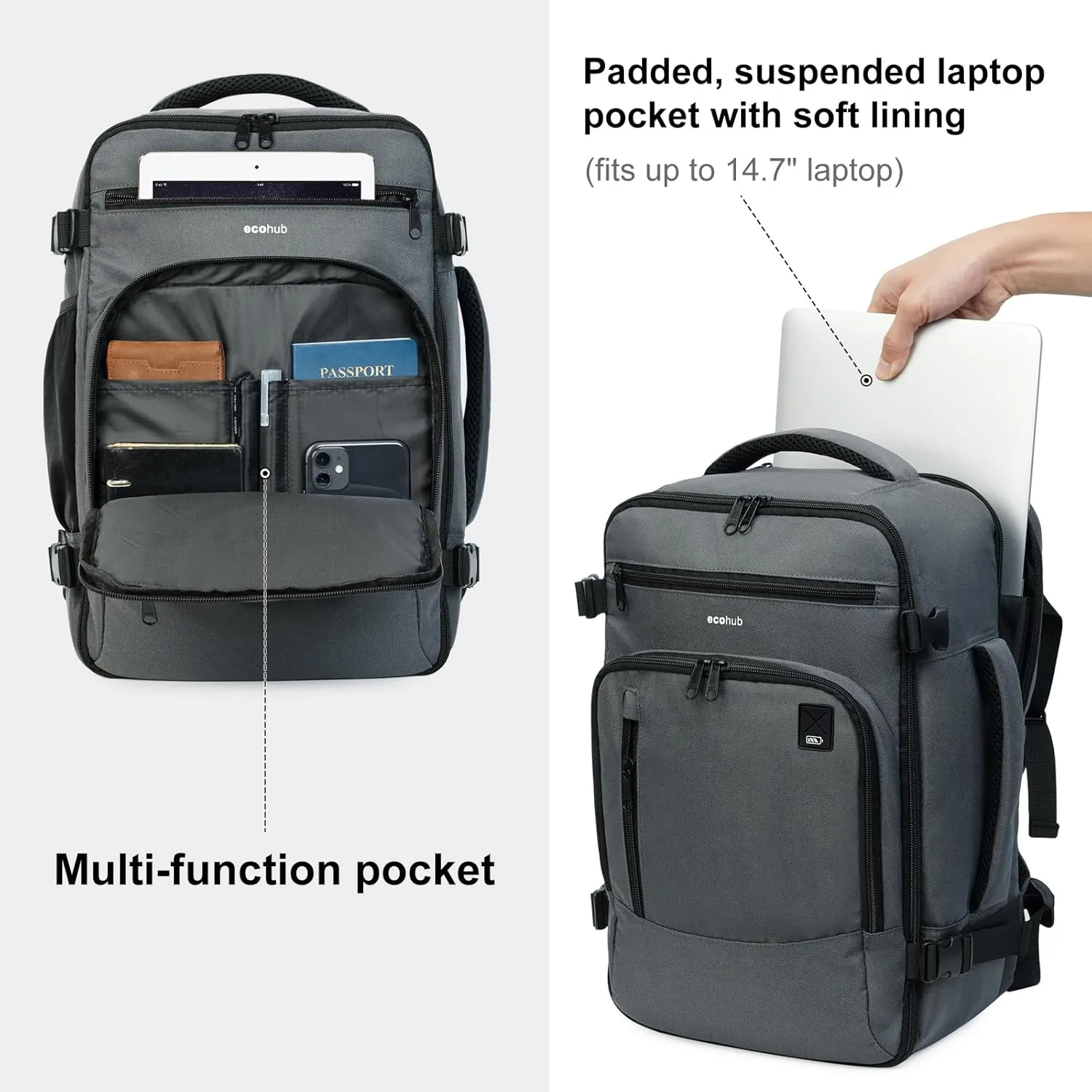 ECOHUB 16'' Travel Backpack For Women Men Airline Approved Personal Item Travel Bag Travel Essentials Laptop Backpack Casual Daypack Small Hiking Backpack Lightweight Waterproof Backpack, Grey