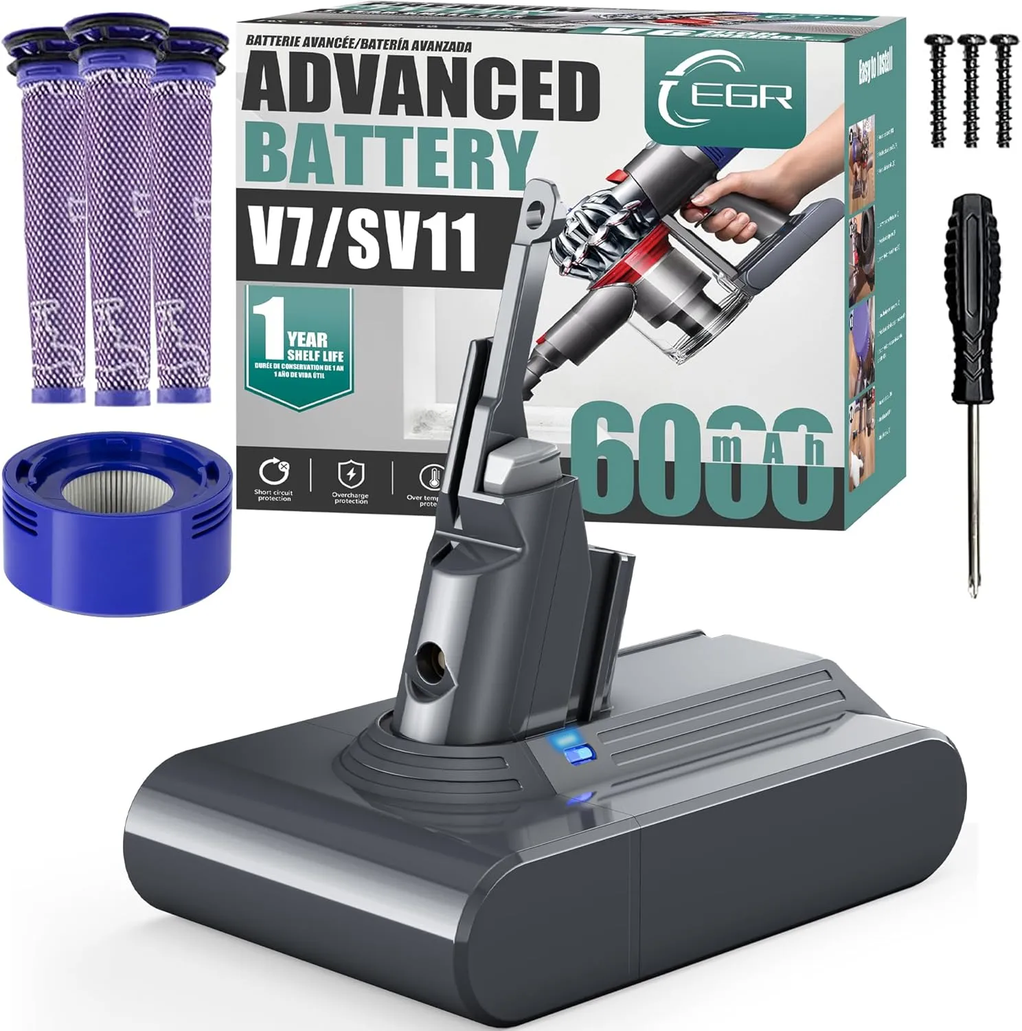 EGR Advanced 6000mAh V7 Animal Battery Replacement Compatible with Dyson SV11 V7 Motorhead V7 Animal V7 Trigger V7 HEPA V7 Car Boat V7 Absolute Handheld Vacuum Cleaners (Not Fit V6, V8, V10)