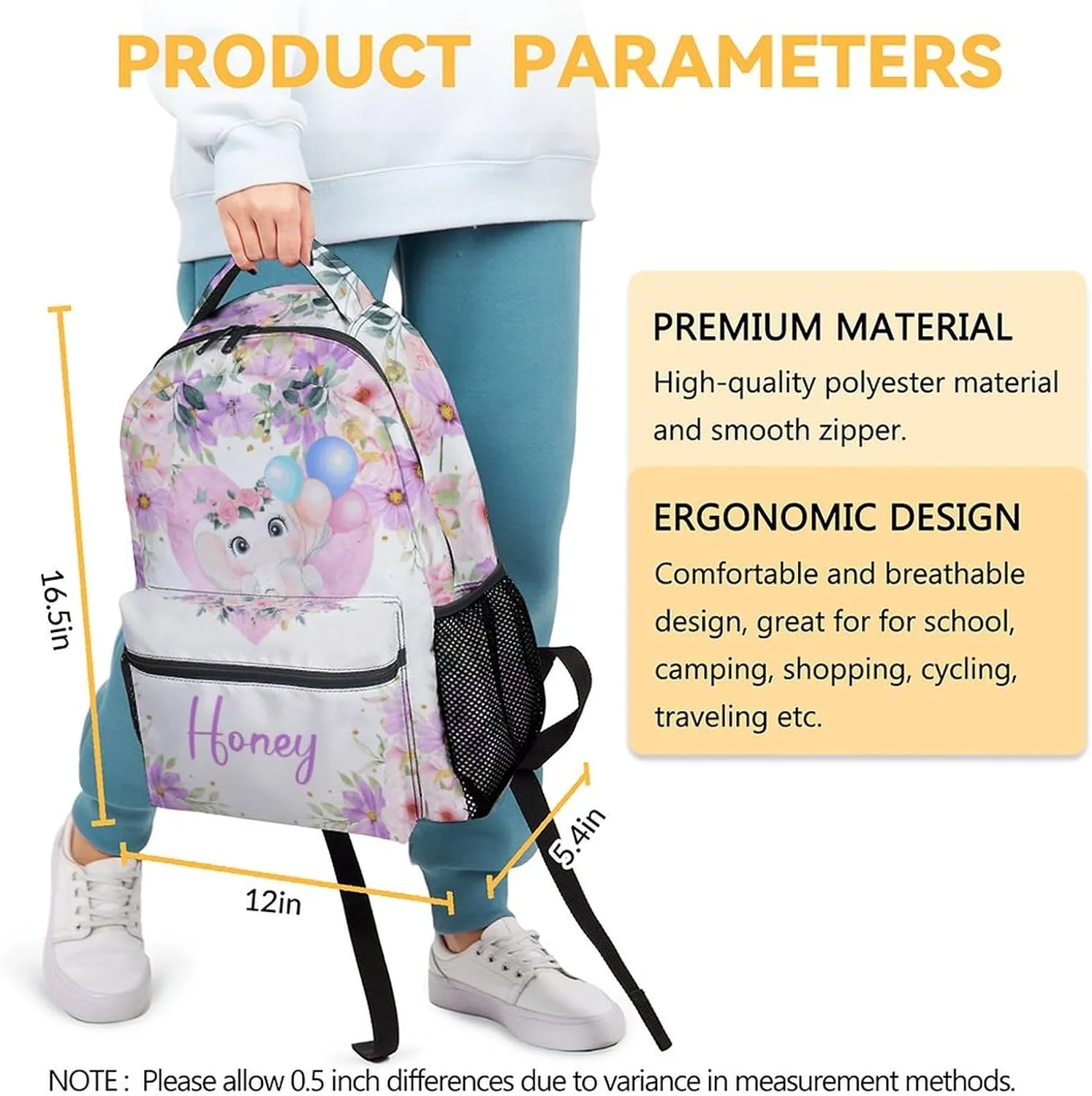 Elephant Backpacks for Girls - 16 Inch Cute Backpack for School - Purple, Large Capacity, Durable, Lightweight Bookbag for Kids Travel